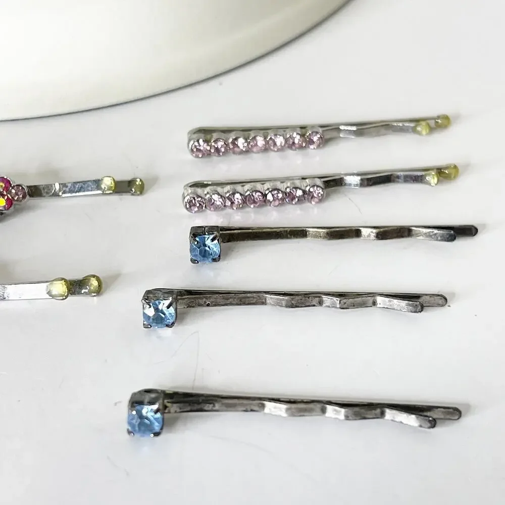 Lot‎ of 7 Vintage Y2K Rhinestone Silver Bobby Pins 90s Fashion Glam Sparkle